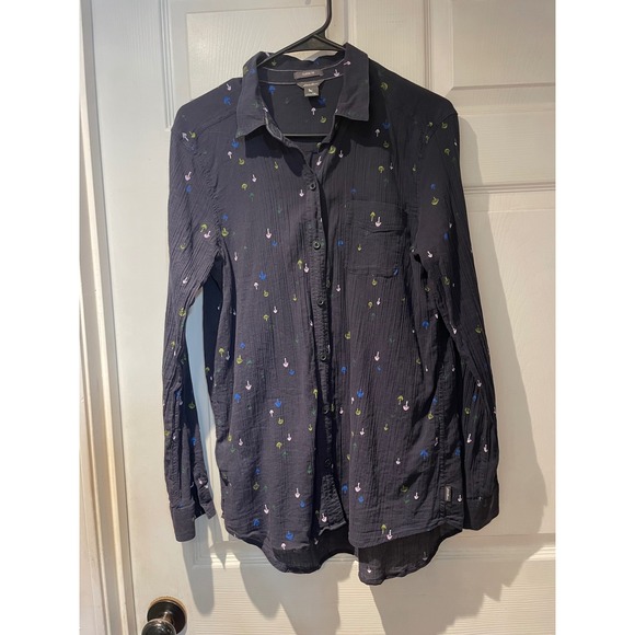 Eddie Bauer Tops - Eddie Bauer Women Navy Blue Mushroom Print Cotton Gauze Button Down Shirt Tall M